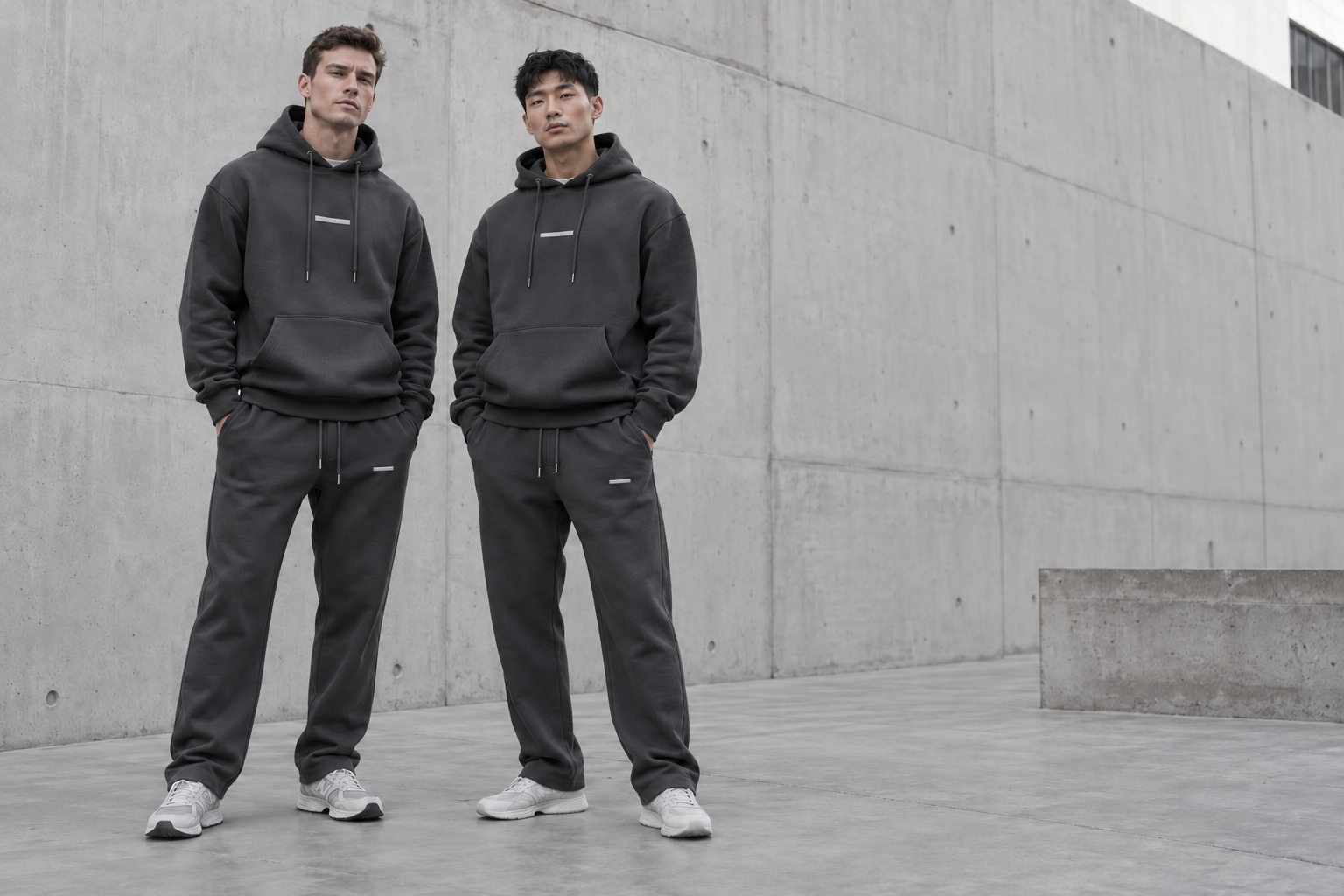 British and Chinese models wearing graphite Baseline tracksuits